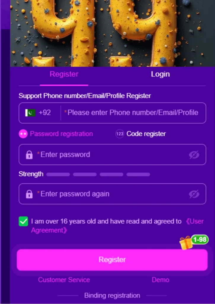99pkr game register page